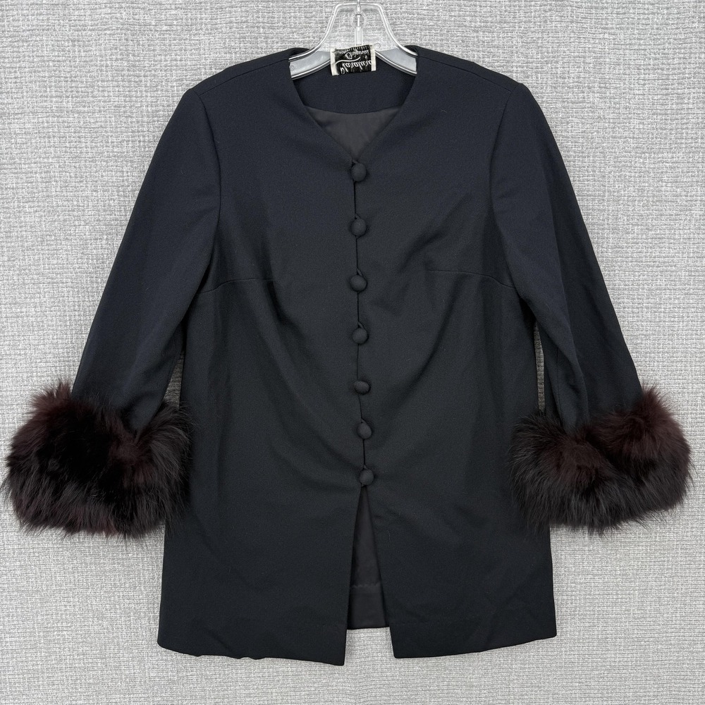 Caralura Original Sweater‎ Cardigan Womens M Black Fur Trim Lined Wool Blend